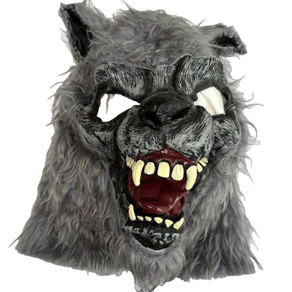 Werewolf Halloween Mask Scary Costume Prop Gray Faux Fur Teeth Tongue